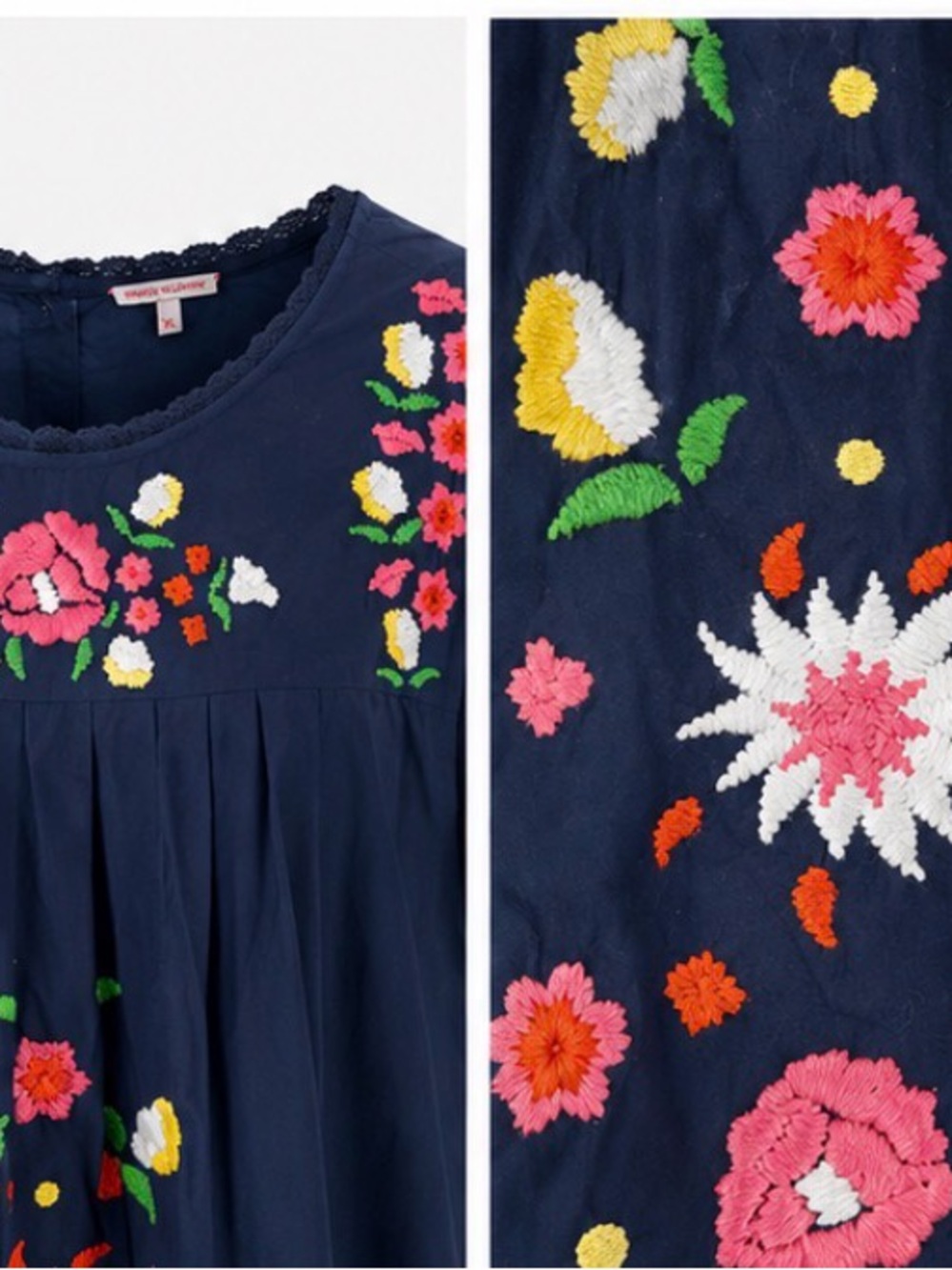 Frances Valentine Embroidered Mexican Folk Art Caftan navy cotton Midi Dress XL - Picture 2 of 8